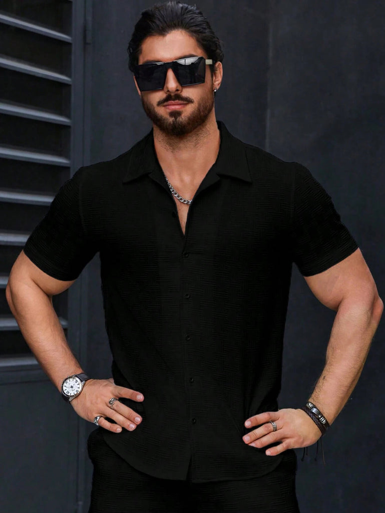 Men Black Slight Stretch Short Sleeve Shirt