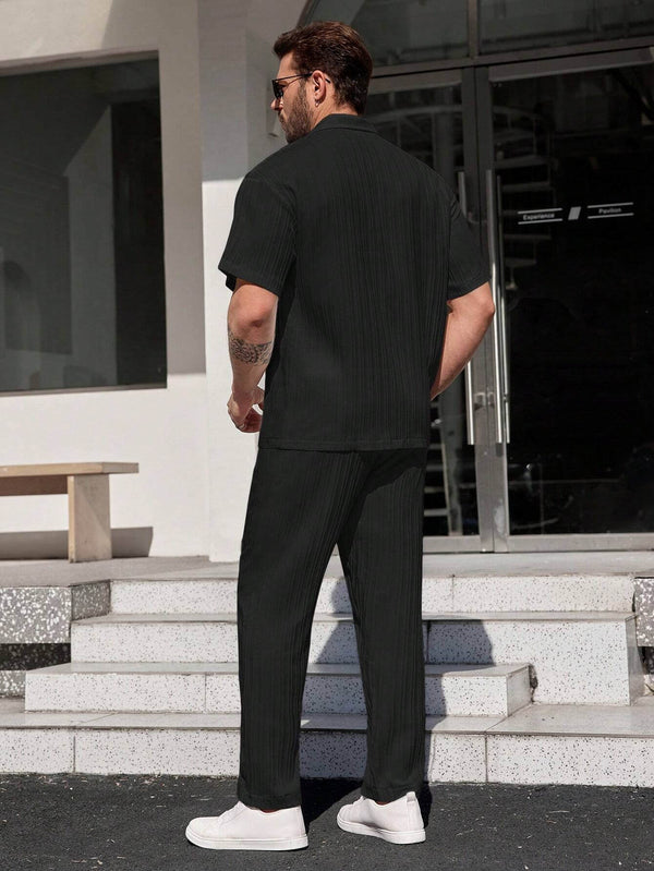 Men Black Stripe Textured Shirt with Long Pant Two-Piece Set