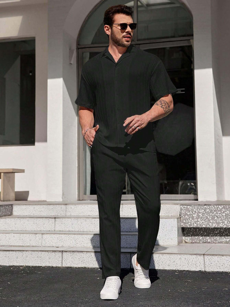 Men Black Stripe Textured Shirt with Long Pant Two-Piece Set