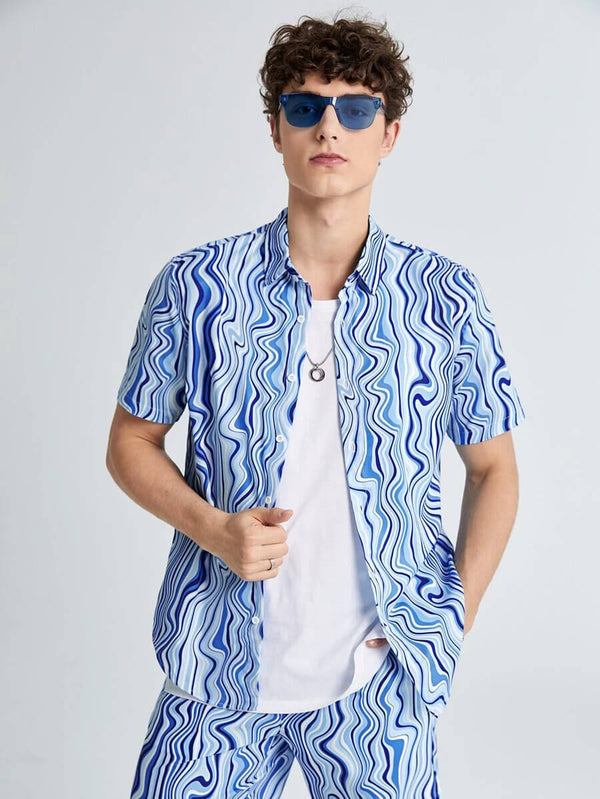 Men Blue Wave Print Co-Ords