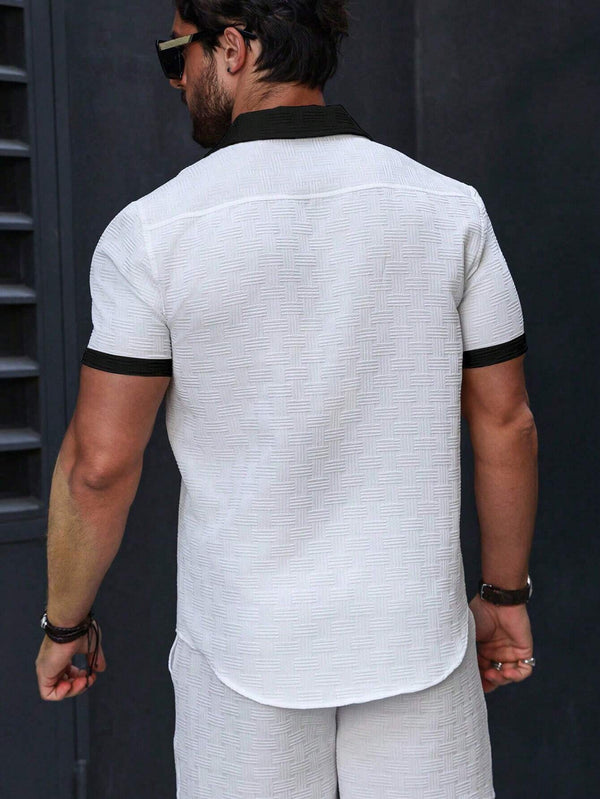 Men Color Block White Slight Stretch Short Sleeve Shirt