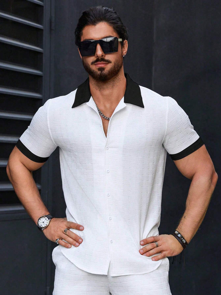 Men Color Block White Slight Stretch Short Sleeve Shirt