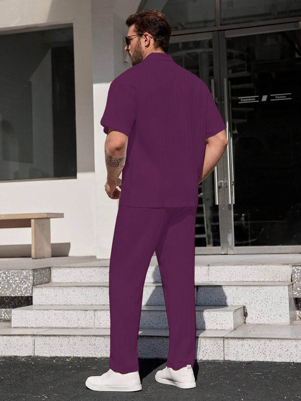 Men Dark Berry Stripe Textured Short Sleeve Shirt with Long Pant Two-Piece Set