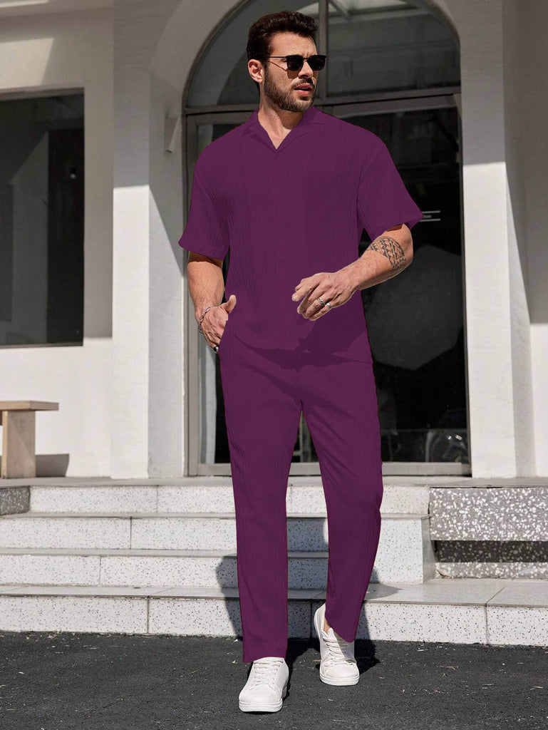 Men Dark Berry Stripe Textured Short Sleeve Shirt with Long Pant Two-Piece Set