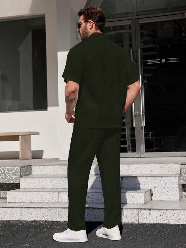 Men Dark Green Stripe Textured Short Sleeve Shirt with Long Pant Two-Piece Set