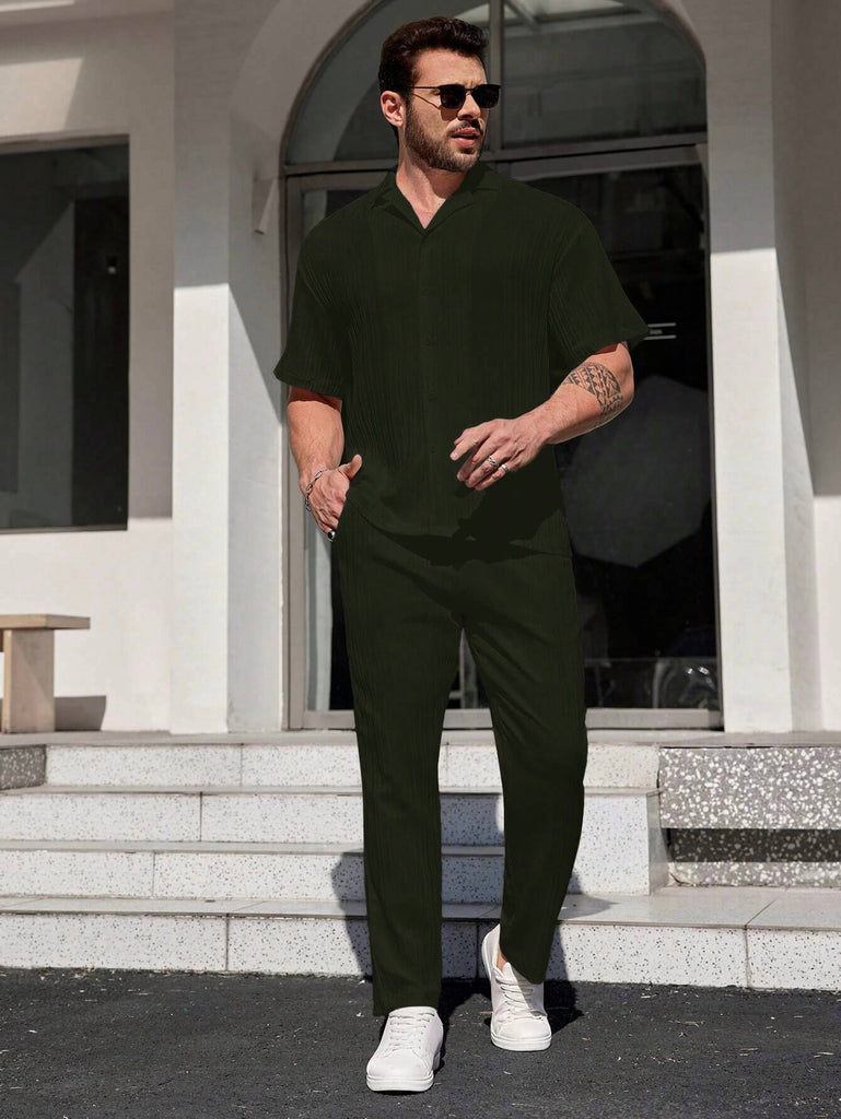 Men Dark Green Stripe Textured Short Sleeve Shirt with Long Pant Two-Piece Set