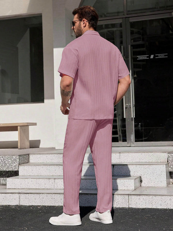 Men Dark Pink Stripe Textured Short Sleeve Shirt with Long Pant Two-Piece Set