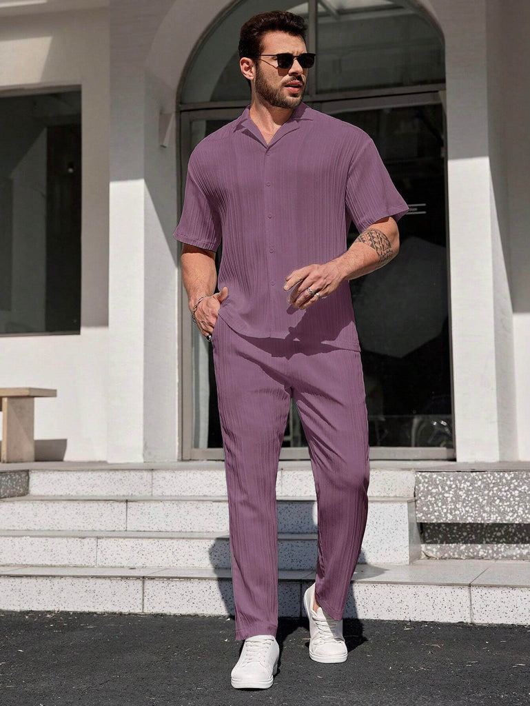 Men Dark Pink Stripe Textured Short Sleeve Shirt with Long Pant Two-Piece Set