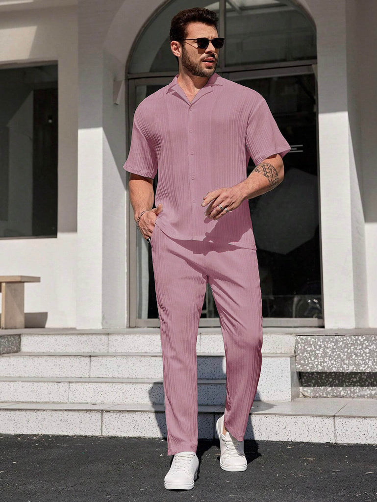 Men Dark Pink Stripe Textured Short Sleeve Shirt with Long Pant Two-Piece Set