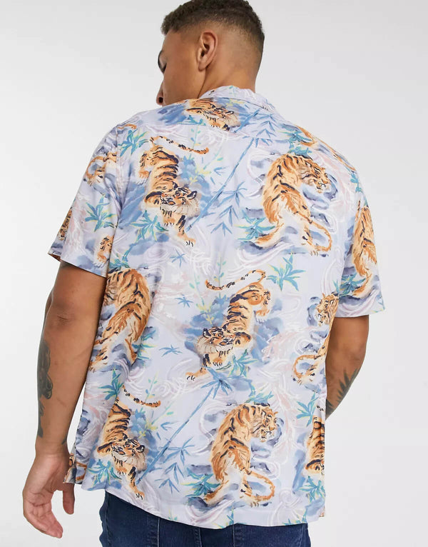 Men Designer Tiger Print Short Sleeve Shirt