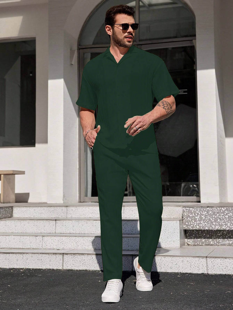 Men Green Stripe Textured Short Sleeve Shirt with Long Pant Two-Piece Set