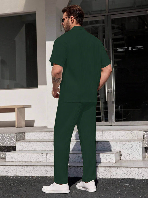 Men Green Stripe Textured Short Sleeve Shirt with Long Pant Two-Piece Set