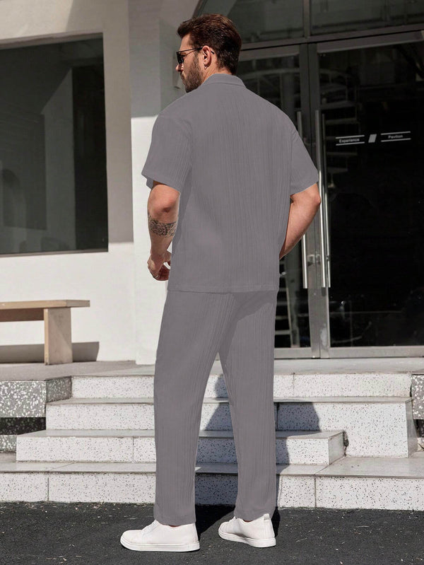 Men Grey Solid Color Short Sleeve Shirt & Pants Set