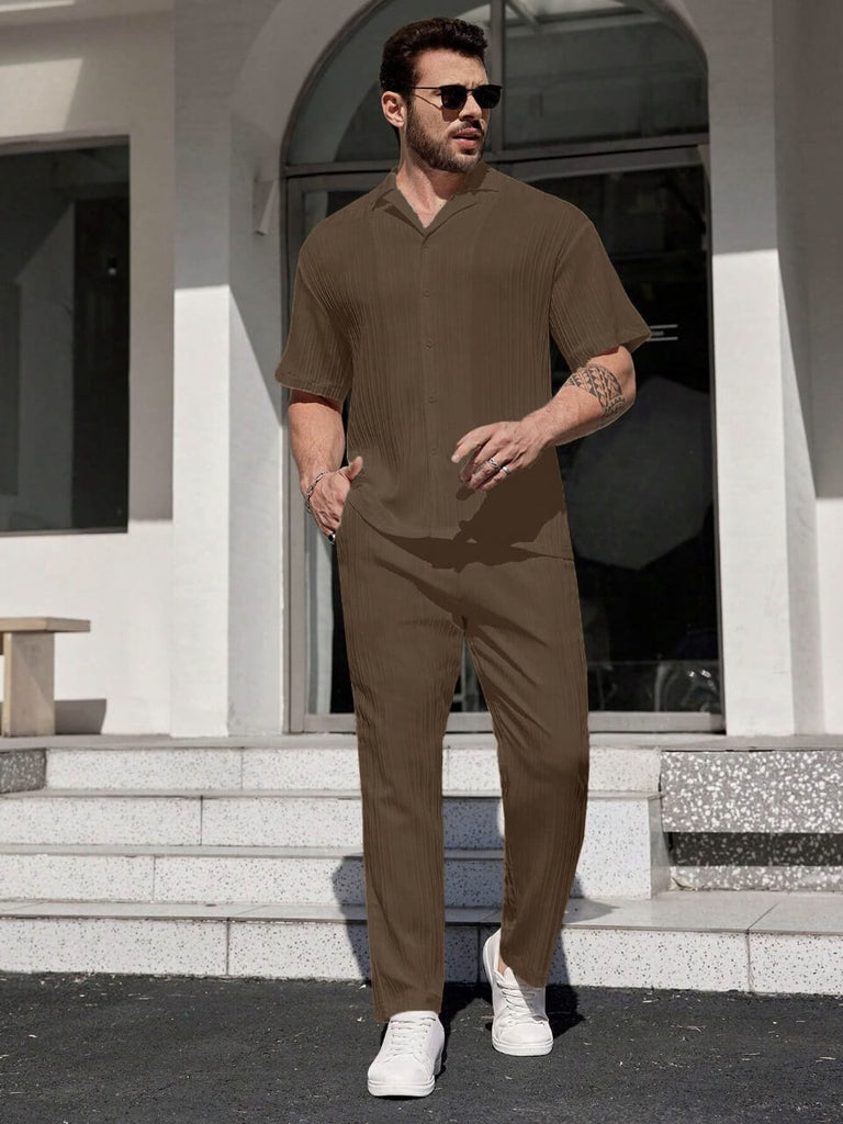 Men Light Brown Stripe Textured Short Sleeve Shirt with Long Pant Two-Piece Set