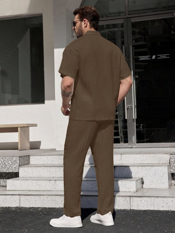 Men Light Brown Stripe Textured Short Sleeve Shirt with Long Pant Two-Piece Set