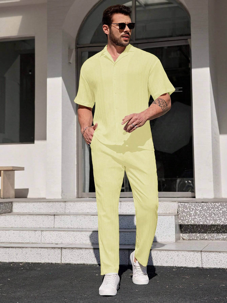 Men Light Yellow Stripe Textured Short Sleeve Shirt with Long Pant Two-Piece Set