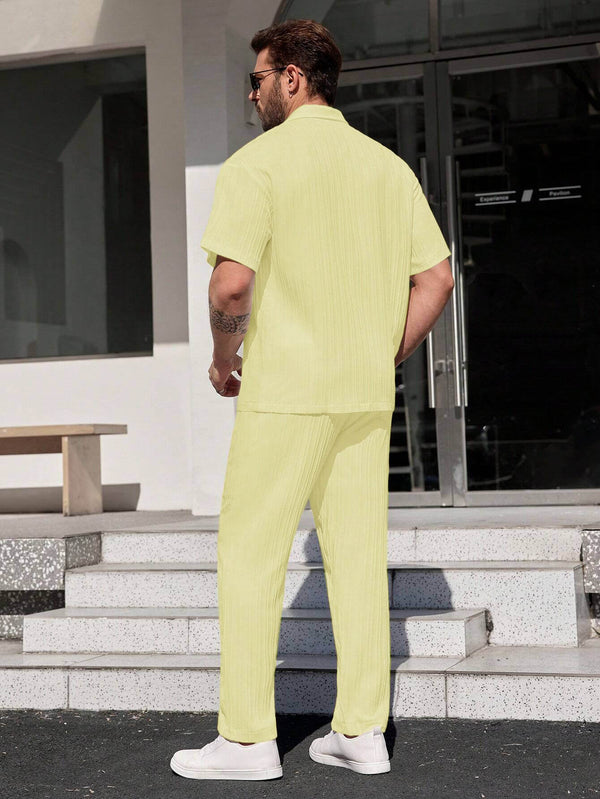 Men Light Yellow Stripe Textured Short Sleeve Shirt with Long Pant Two-Piece Set