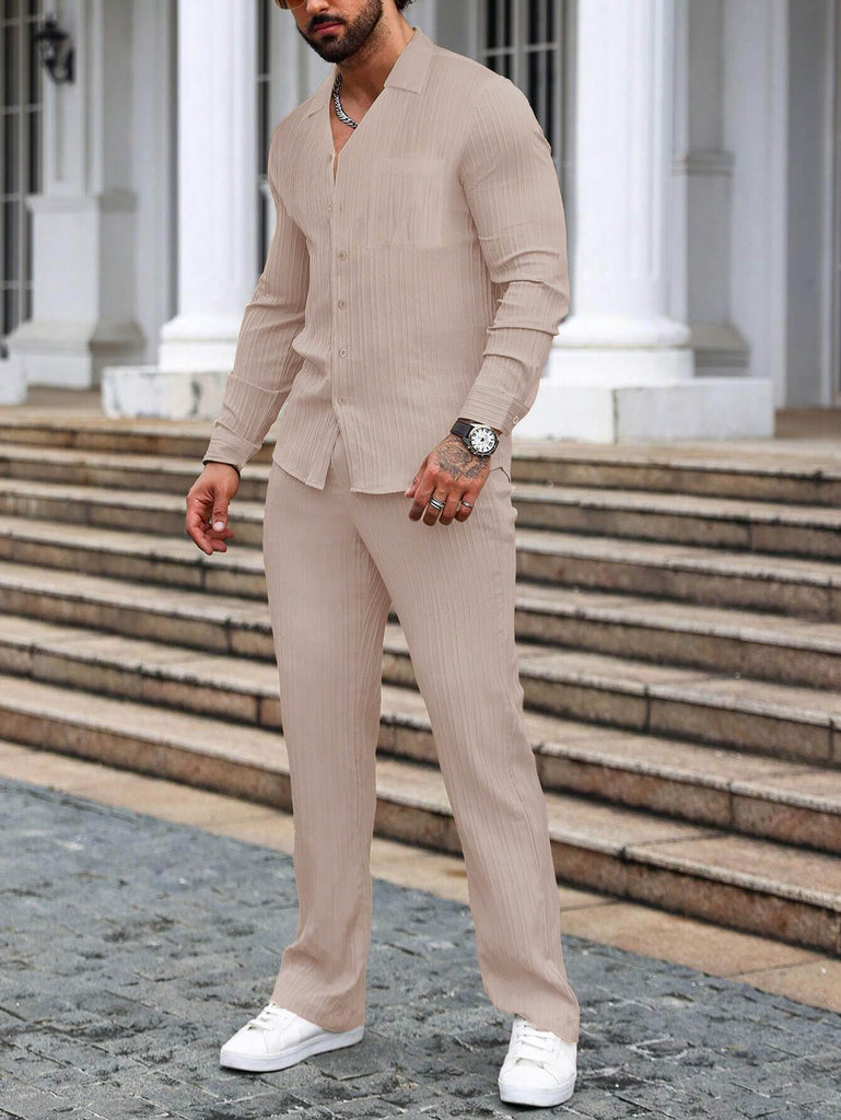 Men Long Sleeve Apricot Stripe Textured Shirt with Long Pant Two-Piece Set