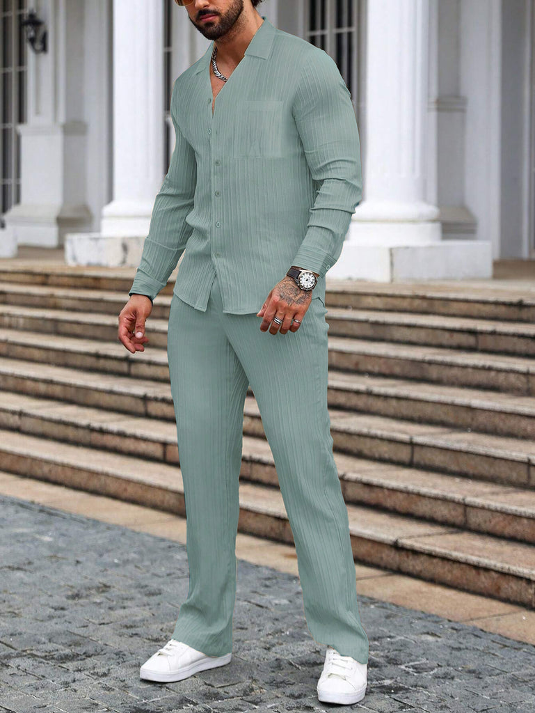 Men Long Sleeve Aquamarine Stripe Textured Shirt with Long Pant Two-Piece Set