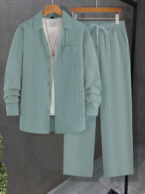 Men Long Sleeve Aquamarine Stripe Textured Shirt with Long Pant Two-Piece Set