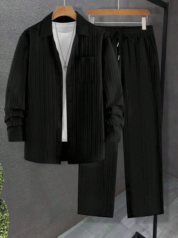 Men Long Sleeve Black Stripe Textured Shirt with Long Pant Two-Piece Set