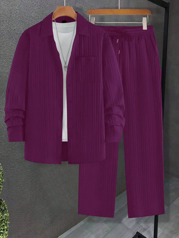 Men Long Sleeve Dark Berry Stripe Textured Shirt with Long Pant Two-Piece Set