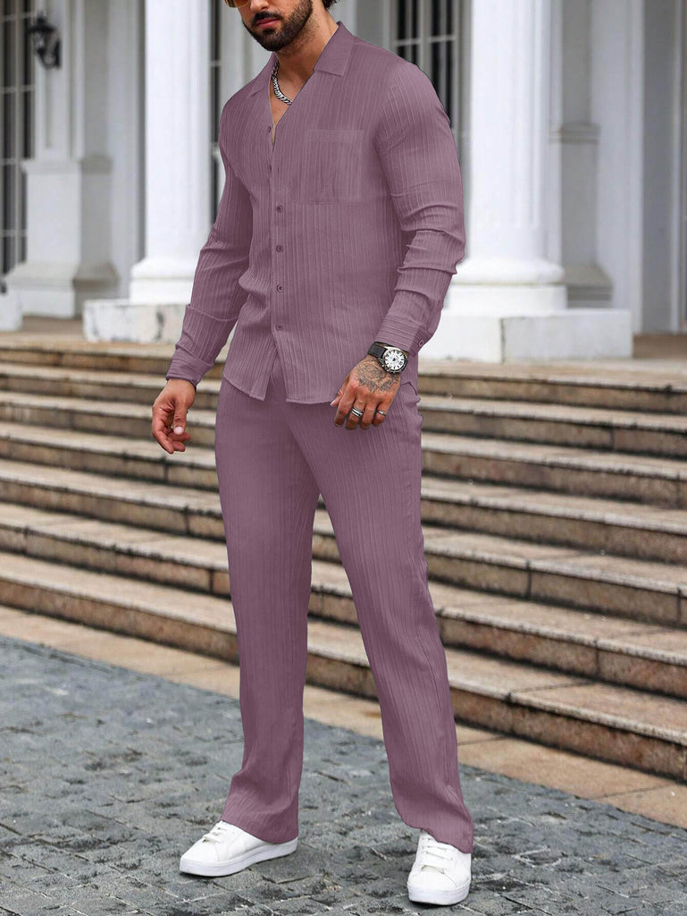 Men Long Sleeve Dark Pink Stripe Textured Shirt with Long Pant Two-Piece Set