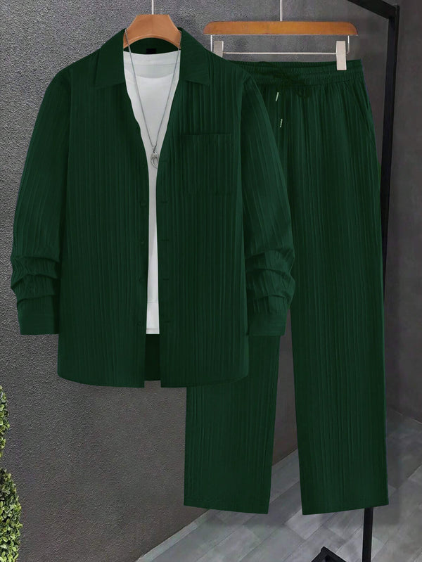 Men Long Sleeve Green Stripe Textured Shirt with Long Pant Two-Piece Set