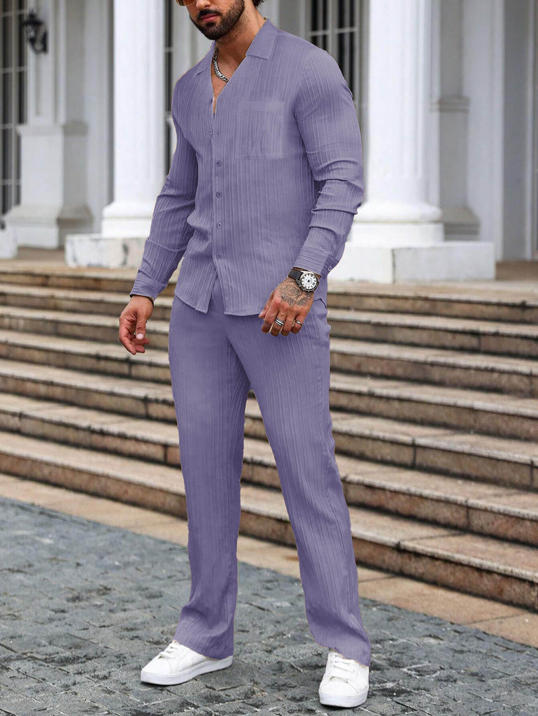 Men Long Sleeve Light Purple Shirt with Long Pant Two-Piece Set