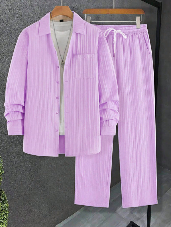 Men Long Sleeve Light Pink Stripe Textured Shirt with Long Pant Two-Piece Set