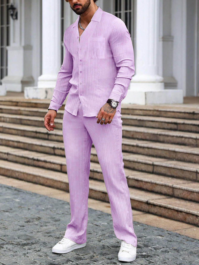 Men Long Sleeve Light Purple Stripe Textured Shirt with Long Pant Two-Piece Set