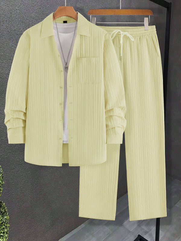 Men Long Sleeve Light Yellow Stripe Textured Shirt with Long Pant Two-Piece Set