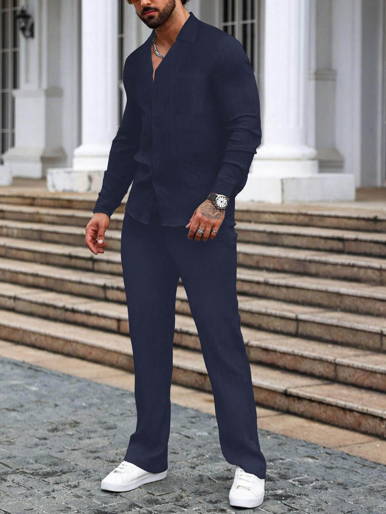 Men Long Sleeve Navy Blue Stripe Textured Shirt with Long Pant Two-Piece Set