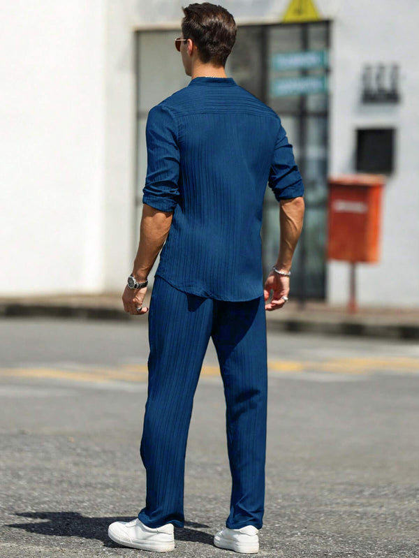 Men Long Sleeve Ocean Blue Stripe Textured Shirt with Long Pant Two-Piece Set