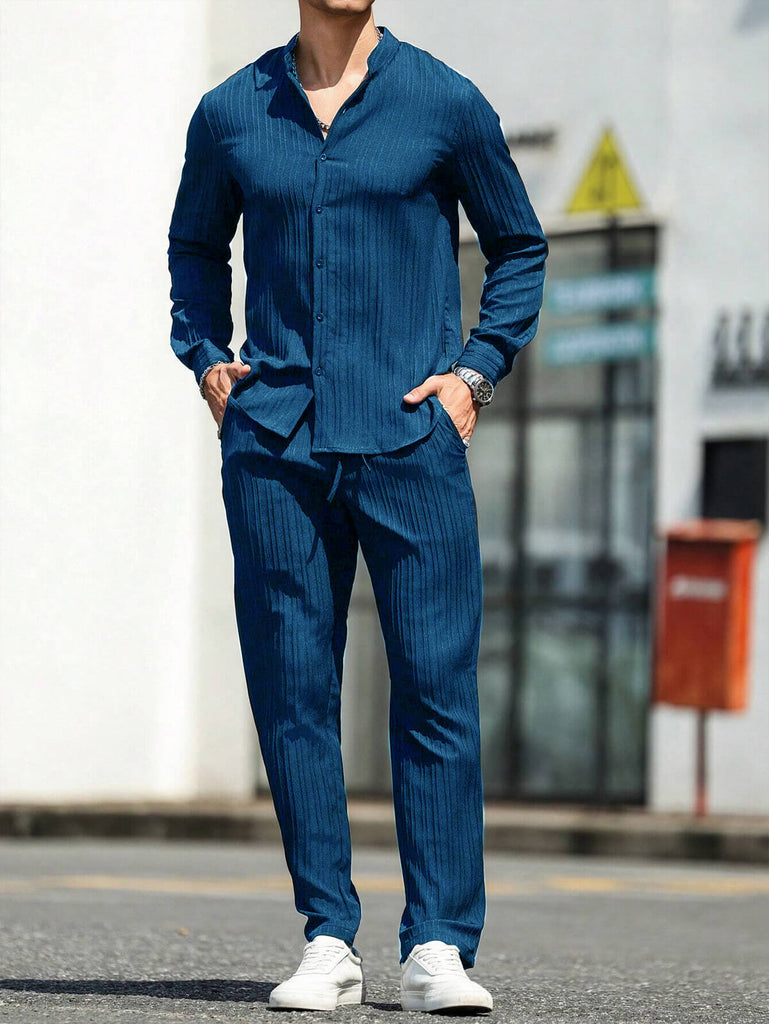 Men Long Sleeve Ocean Blue Stripe Textured Shirt with Long Pant Two-Piece Set