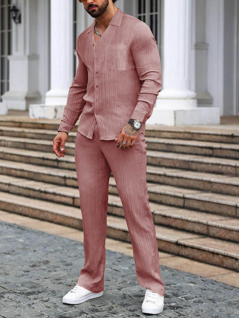 Men Long Sleeve Peach Stripe Textured Shirt with Long Pant Two-Piece Set