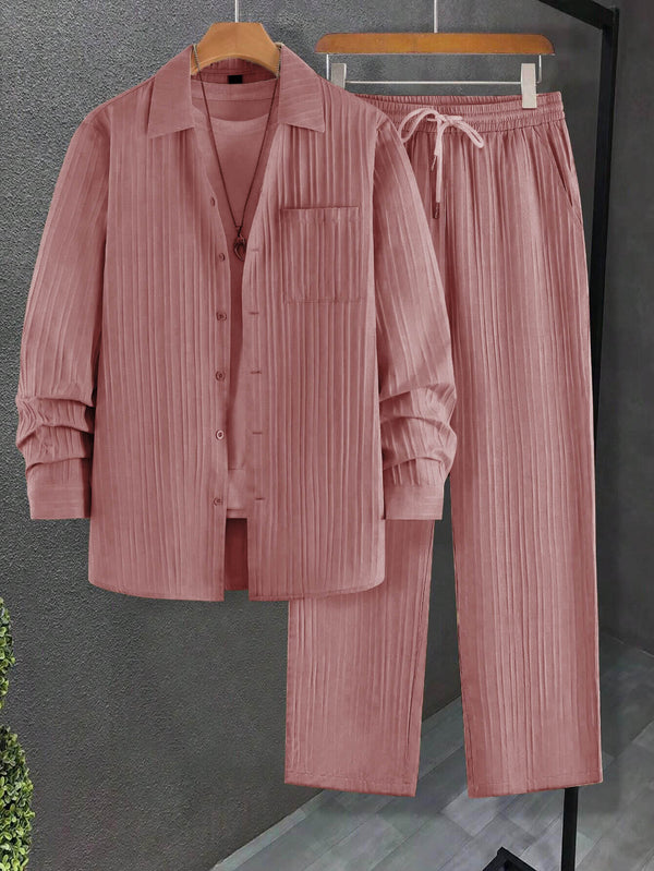 Men Long Sleeve Peach Stripe Textured Shirt with Long Pant Two-Piece Set