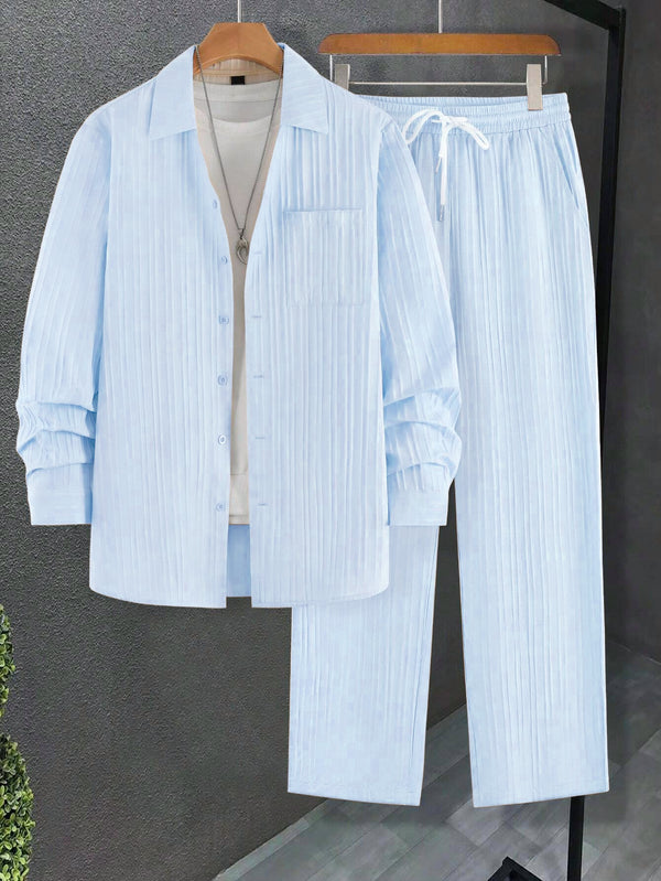 Men Long Sleeve Sky Blue Stripe Textured Shirt with Long Pant Two-Piece Set