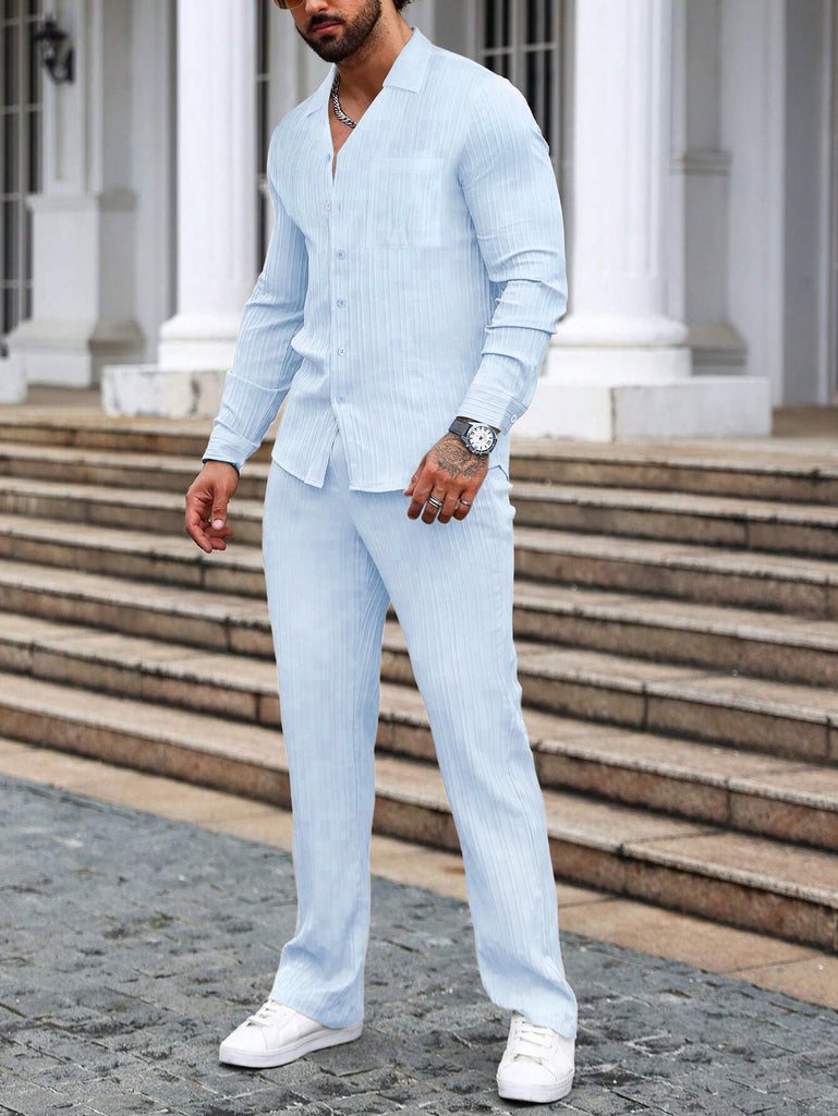 Men Long Sleeve Sky Blue Stripe Textured Shirt with Long Pant Two-Piece Set