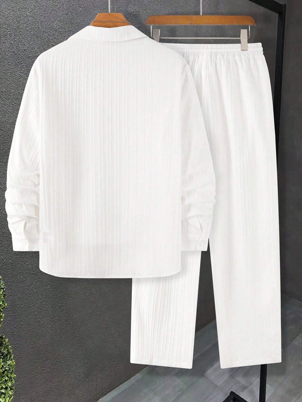 Men Long Sleeve White Stripe Textured Shirt with Long Pant Two-Piece Set