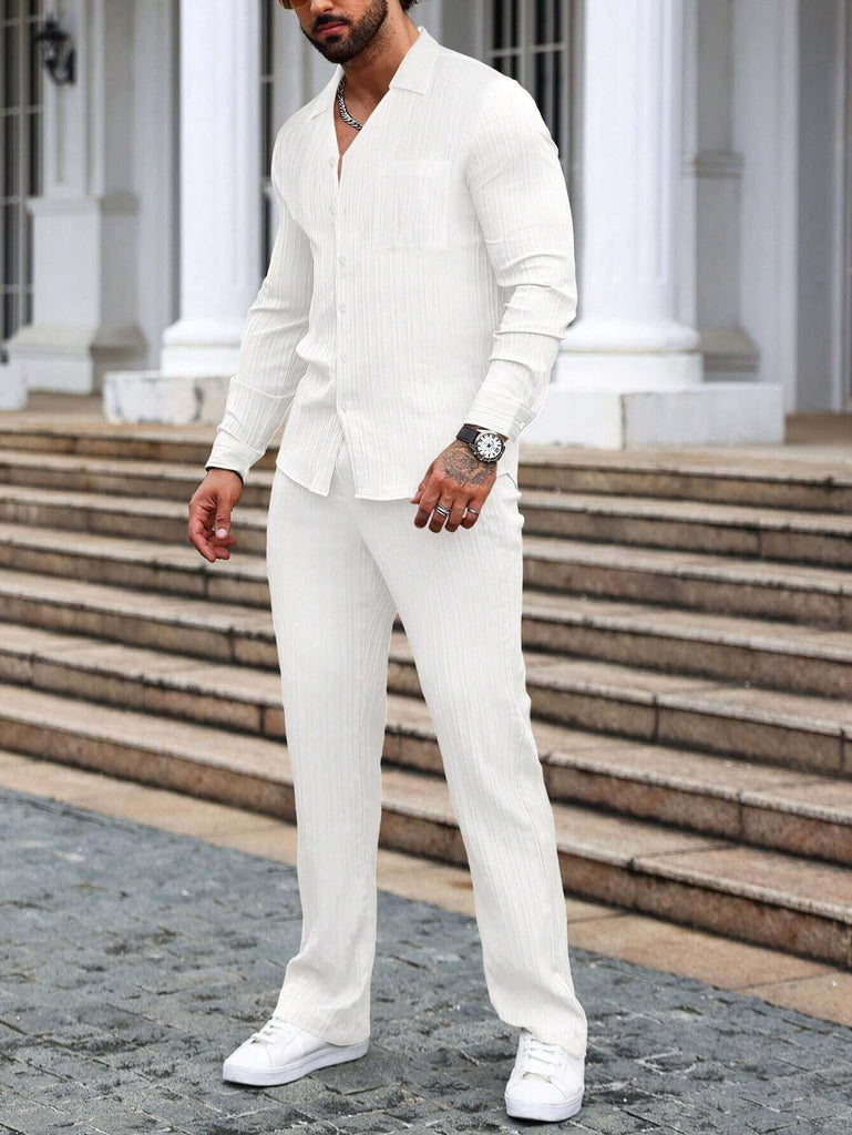 Men Long Sleeve White Stripe Textured Shirt with Long Pant Two-Piece Set