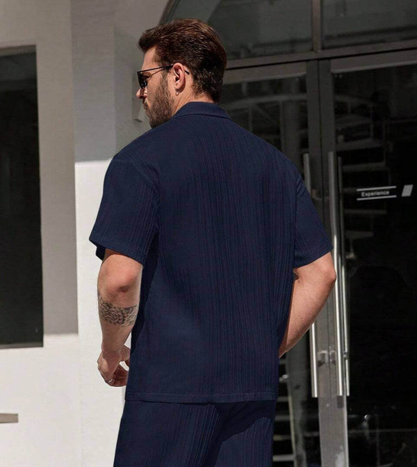 Men Navy Blue Solid Color Short Sleeve Shirt
