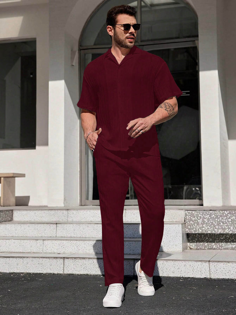 Men Red Stripe Textured Short Sleeve Shirt with Long Pant Two-Piece Set