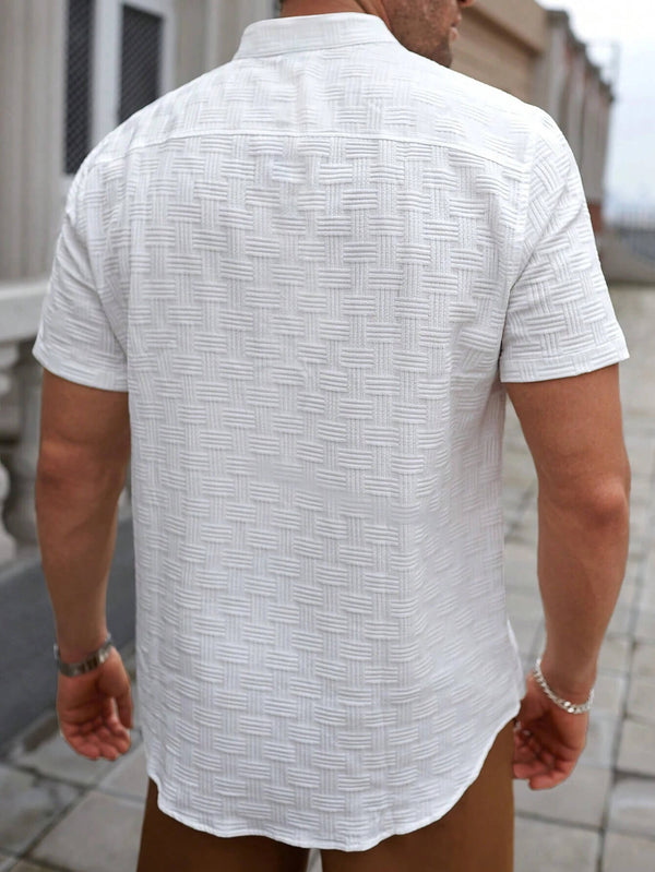 Men Stand Collar White Slight Stretch Textured Shirt