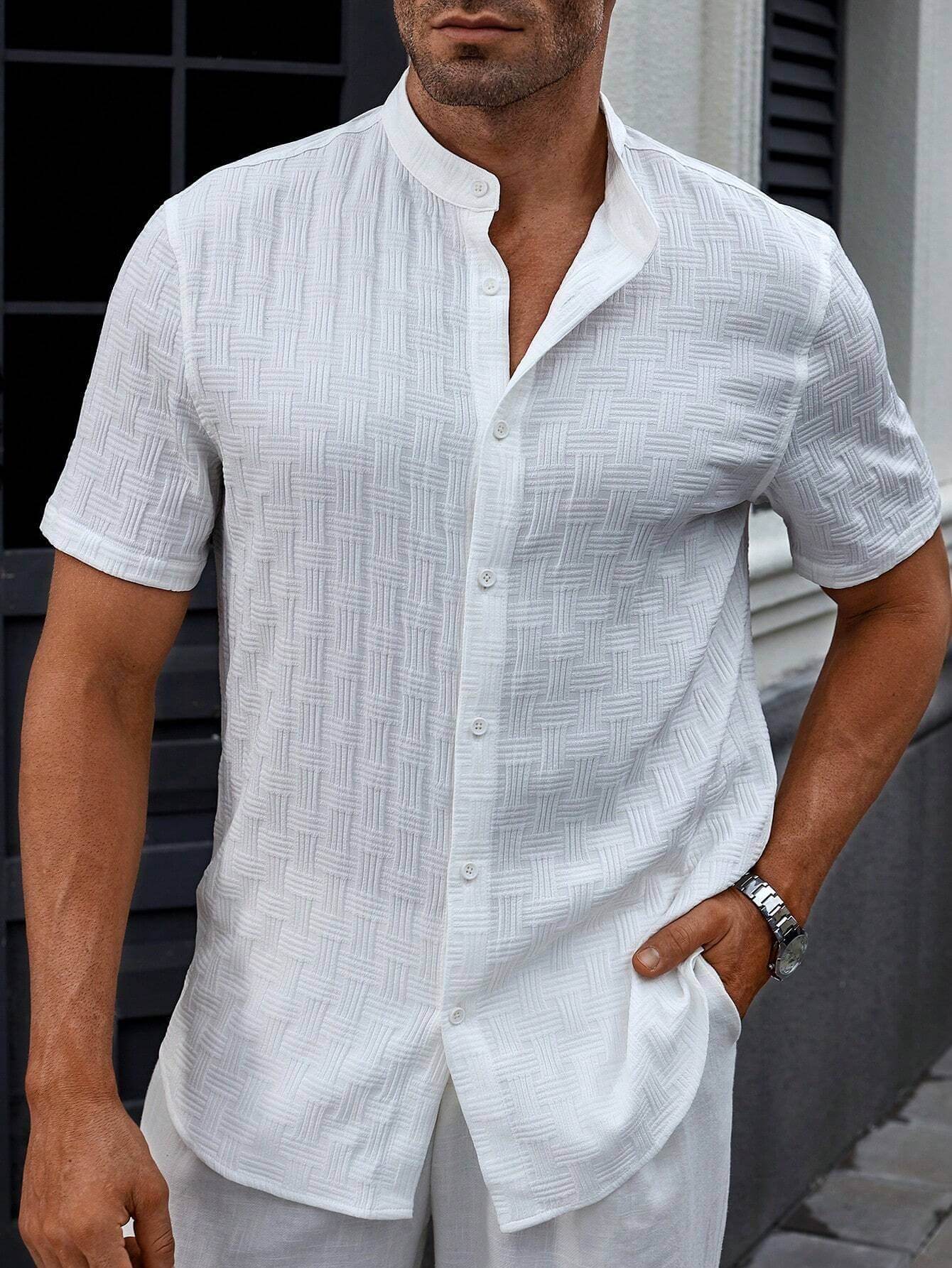 Men Stand Collar White Slight Stretch Textured Shirt – Roar Fox