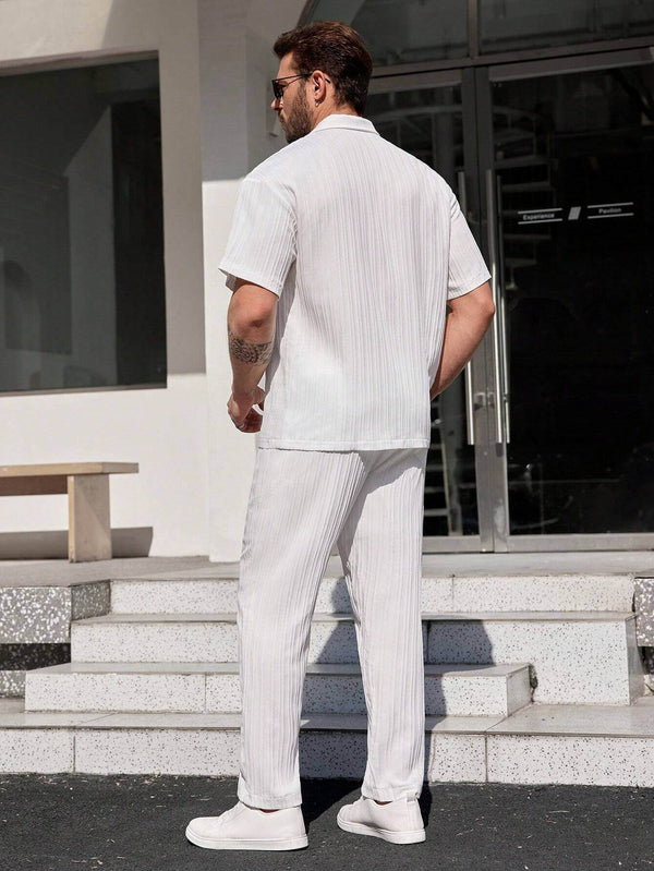 Men White Stripe Textured Shirt with Long Pant Two-Piece Set