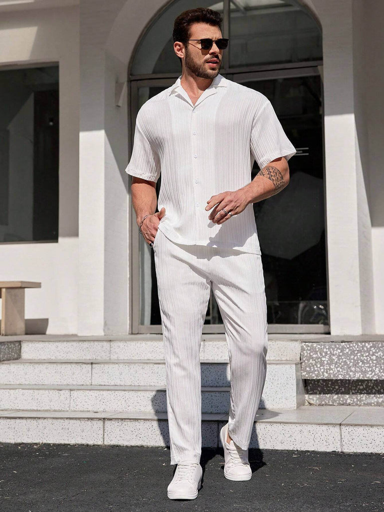 Men White Stripe Textured Shirt with Long Pant Two-Piece Set