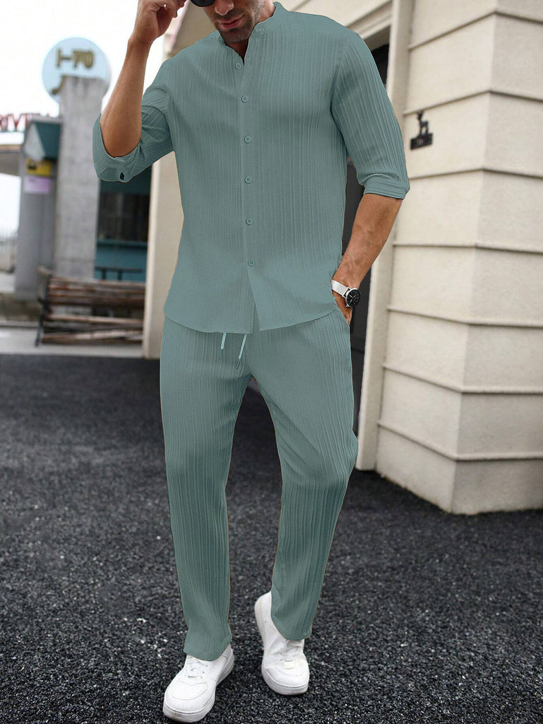 Men's Aquamarine Mid Sleeve Shirt and Drawstring Waist Pants Set