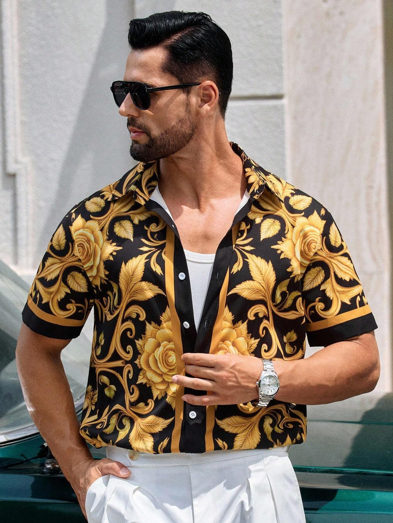 Men's Baroque Casual Gold Floral Print Luxury Shirt For Vacation,Beach And Outdoor