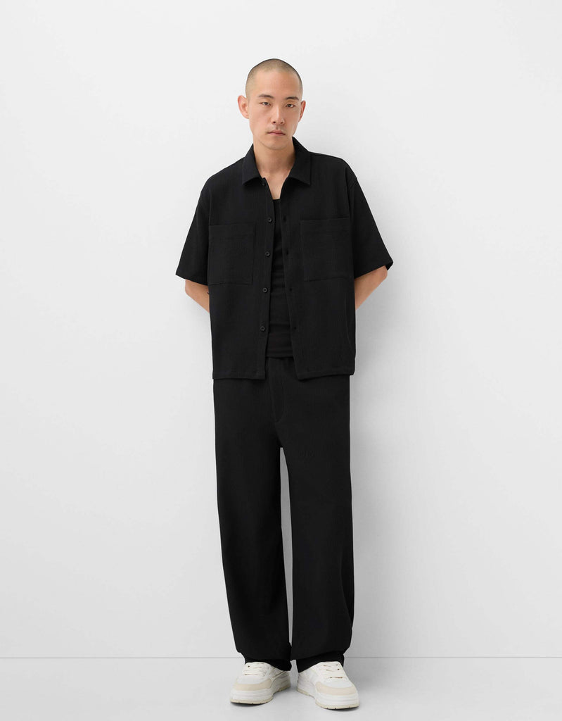 Men's Black Autumn and Winter Short Sleeve Shirt & Pants Set